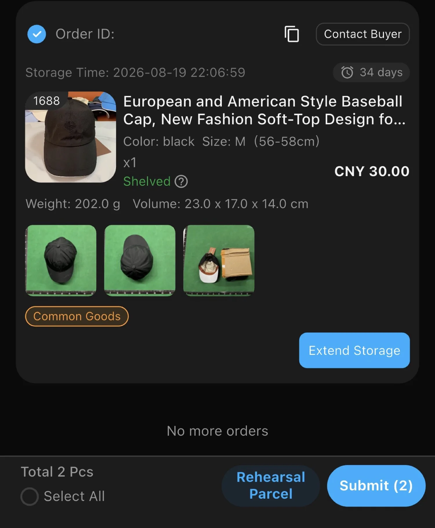 The Hipobuy app warehouse with an item marked Shelved