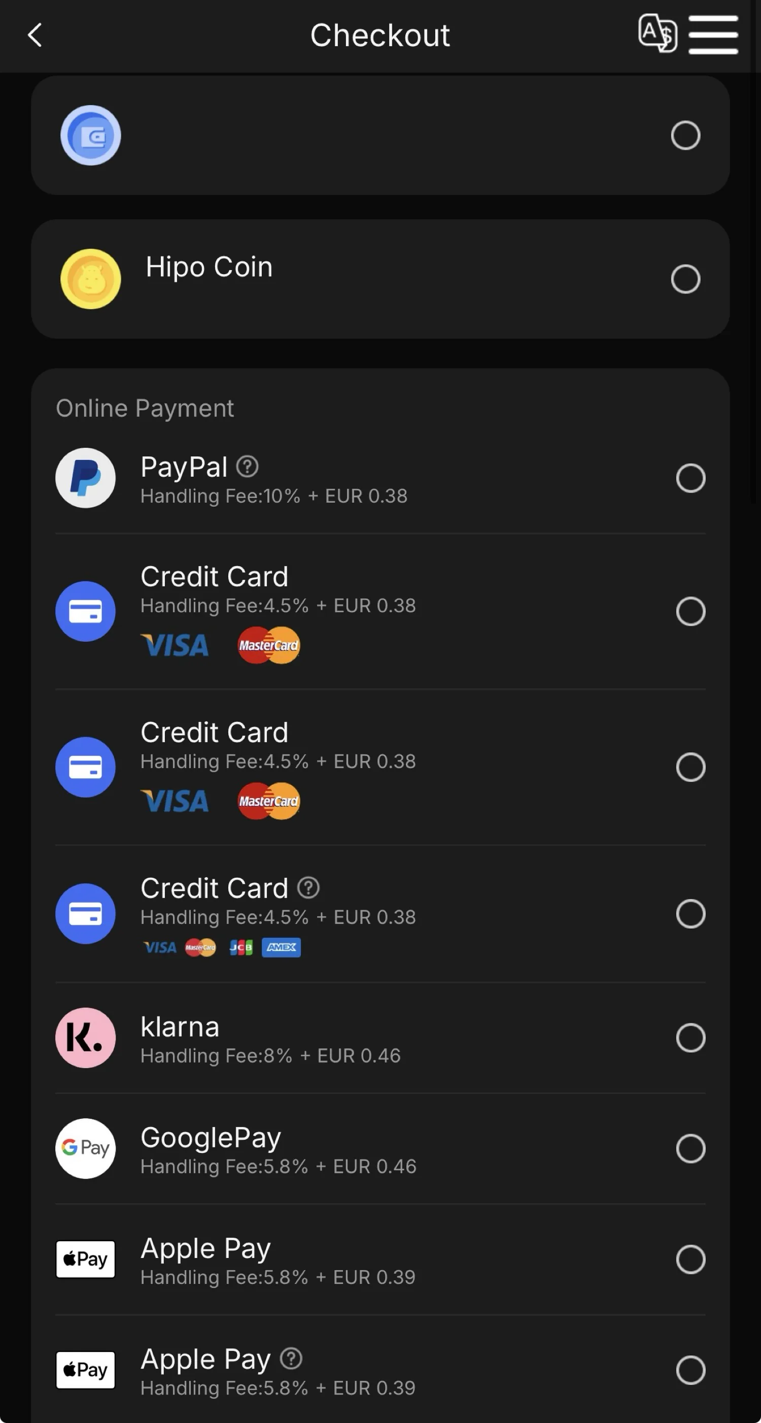 Checkout after Confirm. The balance is hidden, and no payment method is highlighted