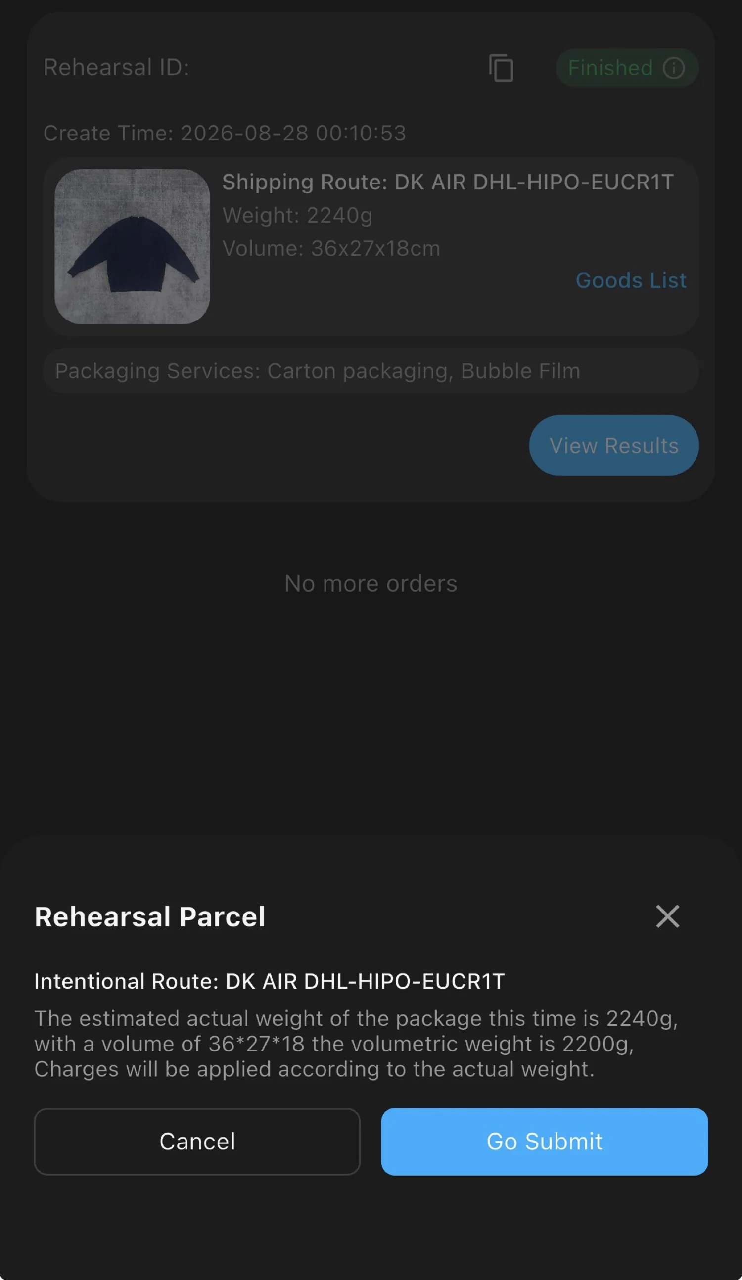 The Rehearsal Parcel sheet after View Results, with the Go Submit button