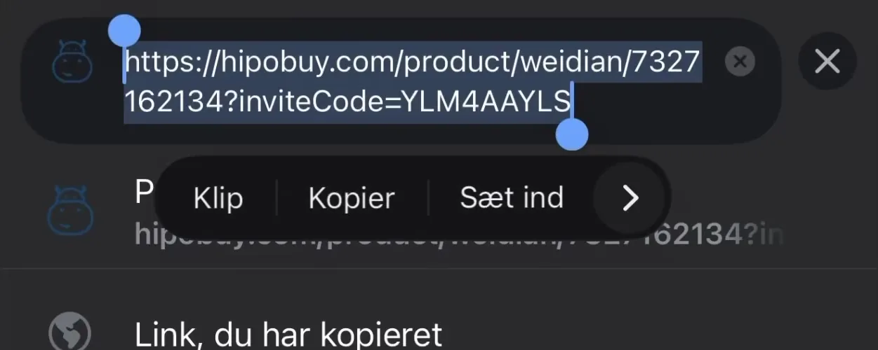 The browser address bar with the whole link selected. The menu shows Klip, Kopier and Sæt ind, and the line Link, du har kopieret