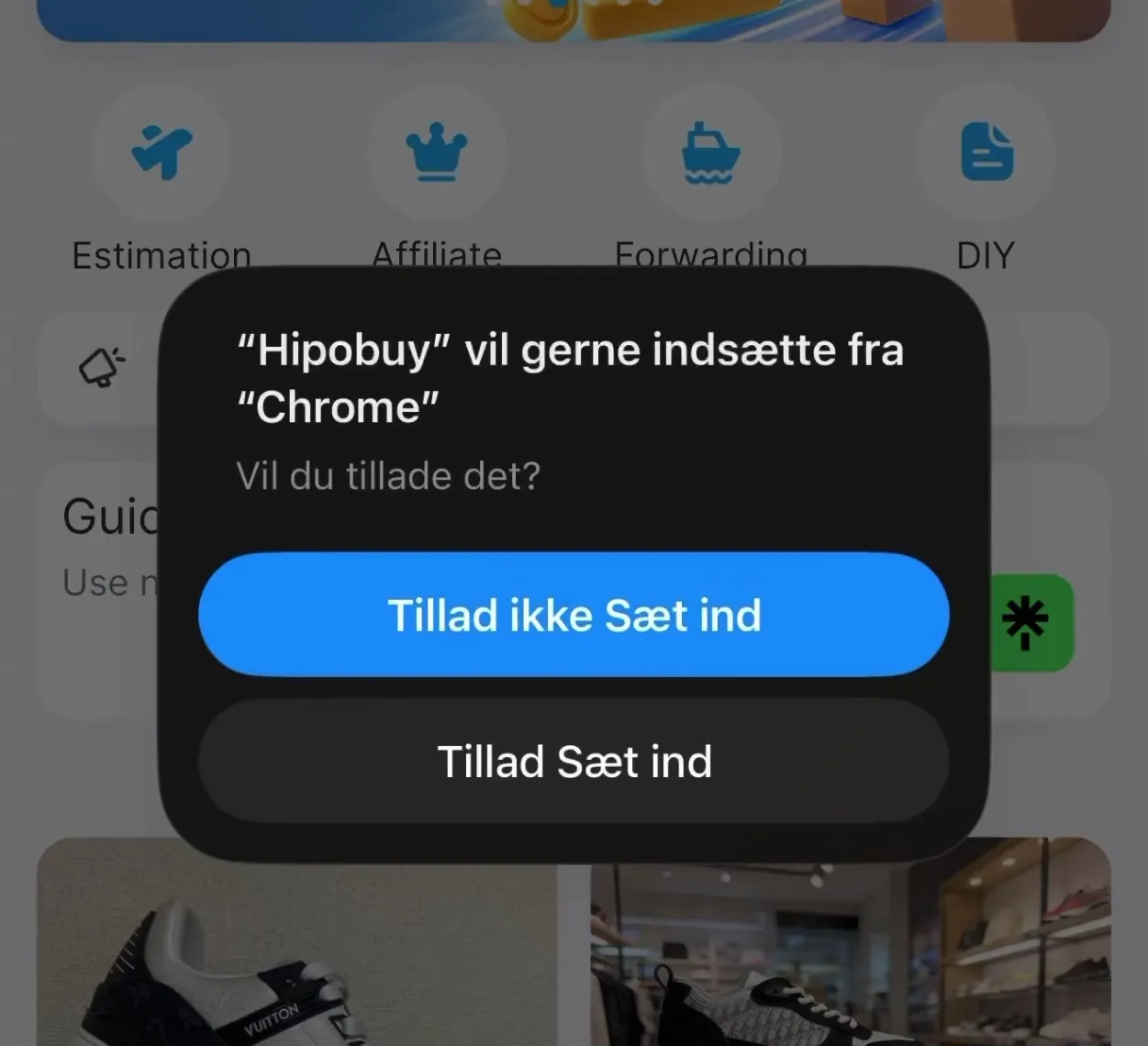 The Hipobuy app asks whether it may paste from Chrome. The blue button is Tillad ikke Sæt ind. Tillad Sæt ind is below it