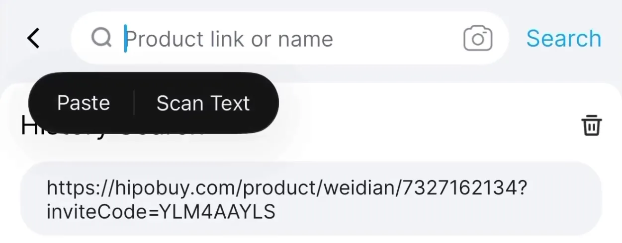 The Product link or name search field with a Paste and Scan Text menu. The copied Hipobuy link is shown below