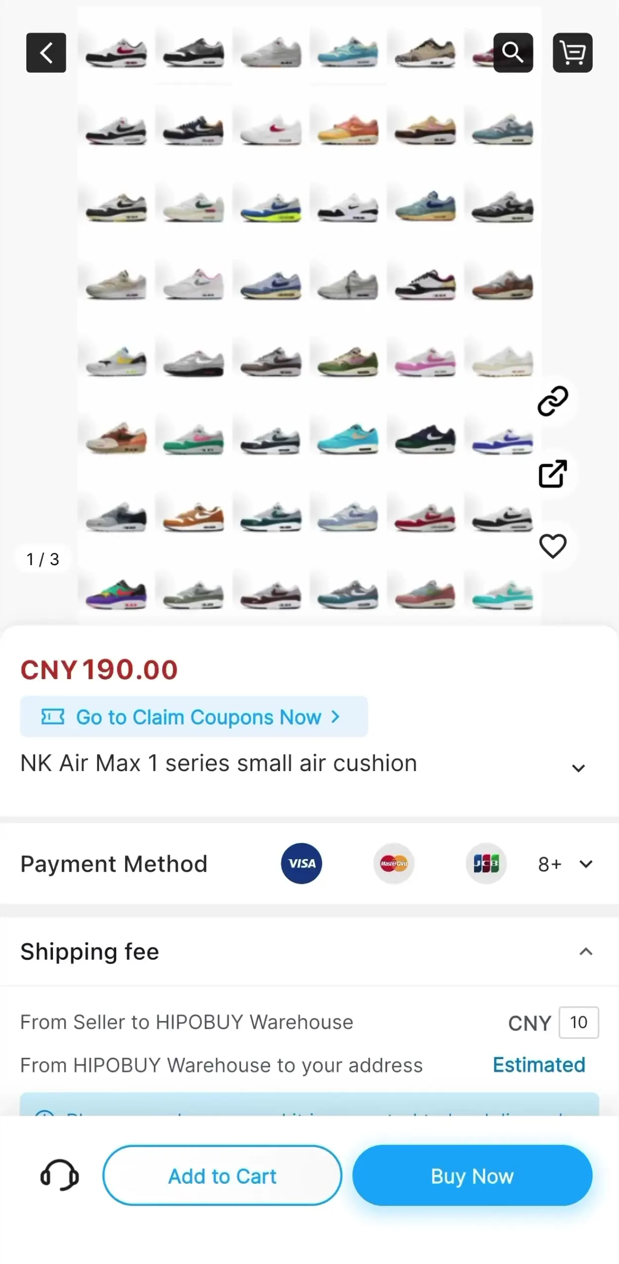 The product page in the Hipobuy app without the Risk Notice, with the price, Add to Cart and Buy Now