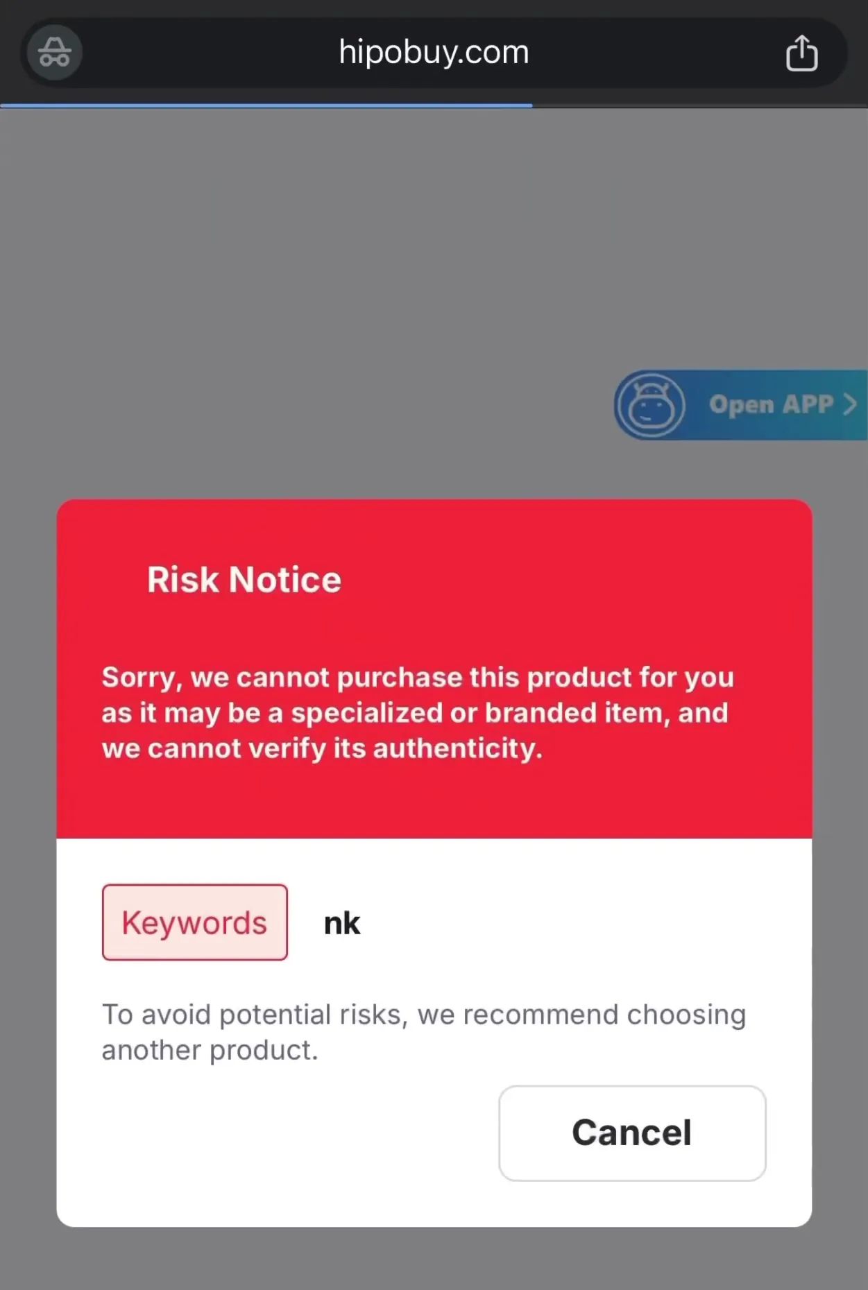 Hipobuy Risk Notice in the browser: they cannot purchase the item because it may be a branded product. The buttons are Keywords and Cancel