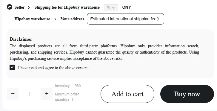 Disclaimer, afkrydsning og knapperne Add to cart og Buy now
