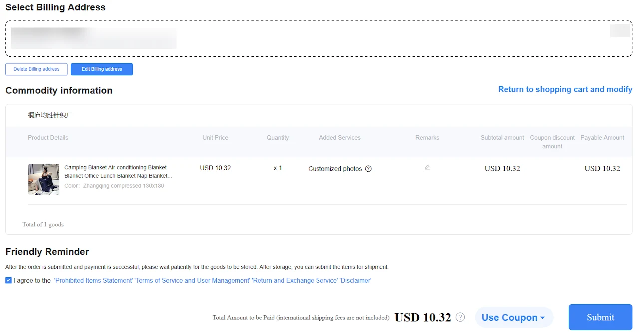 Checkout med Select Billing Address, vare, samlet pris og Use Coupon