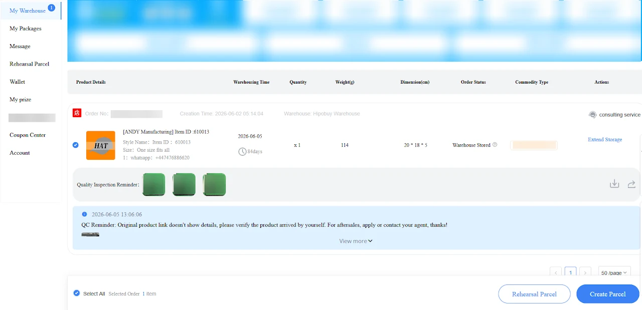 My Warehouse med Warehouse Stored, QC Reminder og knappen Create Parcel