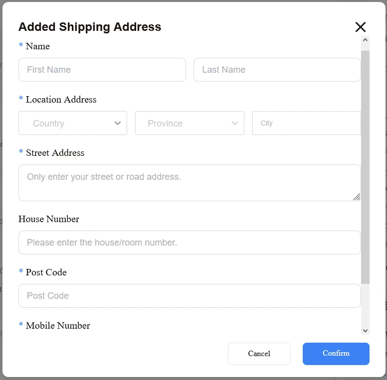 Adresseformular med Name, Location Address, Street Address, House Number, Post Code og Mobile Number