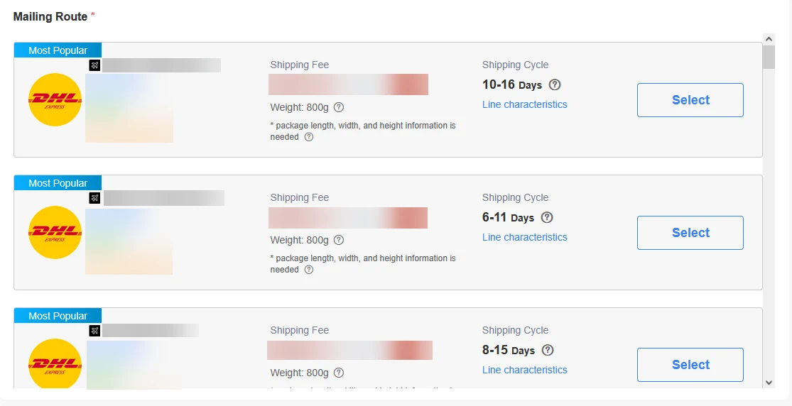 Mailing Route med Shipping Fee, Shipping Cycle og leveringsdage