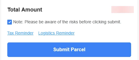Total Amount med Tax Reminder, Logistics Reminder og knappen Submit Parcel