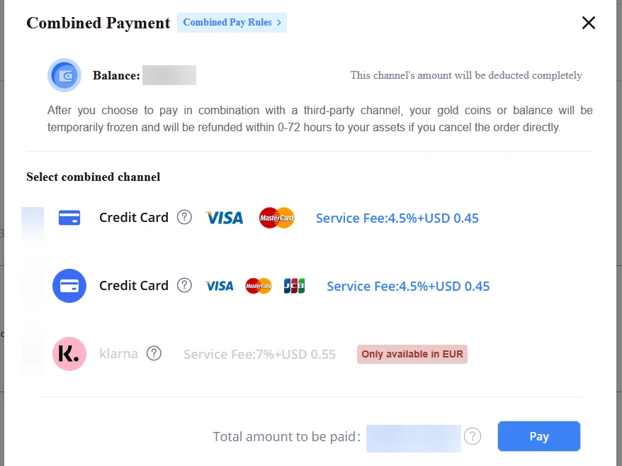 Combined Payment med saldo, kreditkort og beløb, der skal betales