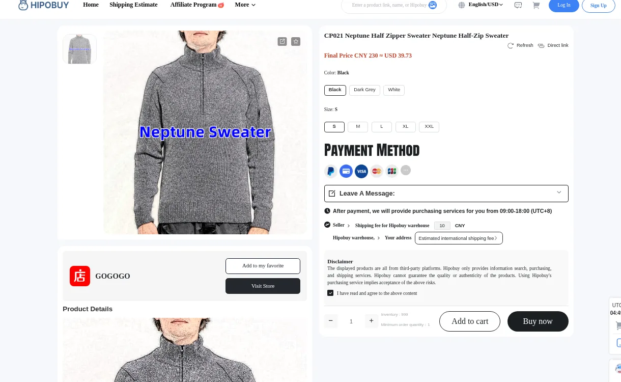 Hipobuy product page with photos, title, price, colour, size, Add to cart and Buy now